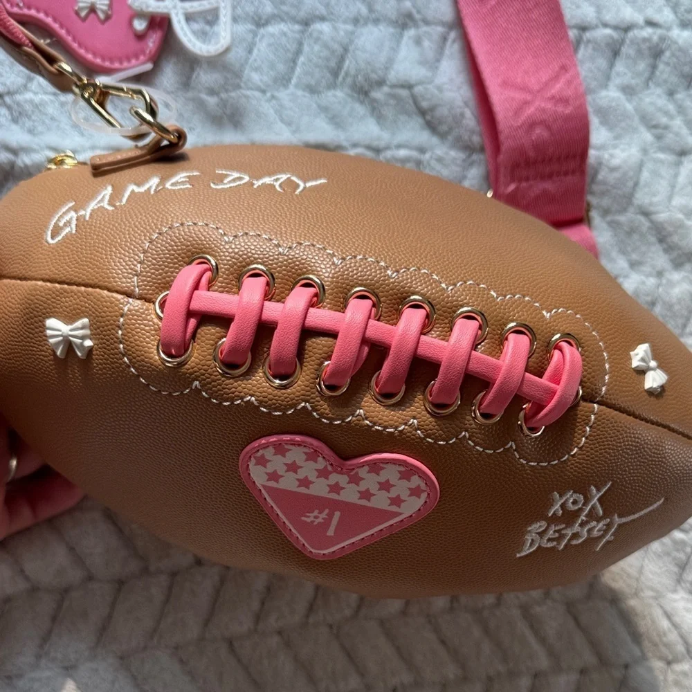 NWT Betsey Johnson Pink Brown Football Crossbody Purse Bag Charms Game Day Heart